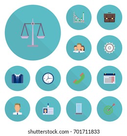 Flat Icons Group, Libra, Diagram And Other Vector Elements. Set Of Trade Flat Icons Symbols Also Includes Libra, Phone, Employee Objects.
