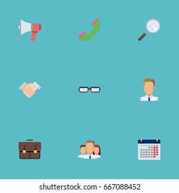 Flat Icons Group, Magnifier, Employee And Other Vector Elements. Set Of Business Flat Icons Symbols Also Includes Calendar, Date, Telephone Objects.