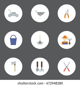 Flat Icons Grower, Lawn Mower, Pruner And Other Vector Elements. Set Of Agriculture Flat Icons Symbols Also Includes Grass, Rake, Lawnmower Objects.