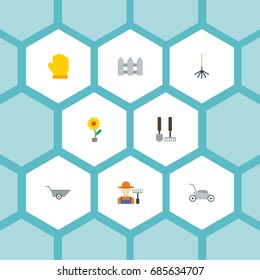 Flat Icons Grower, Rake, Lawn Mower And Other Vector Elements. Set Of Agriculture Flat Icons Symbols Also Includes Gardener, Harrow, Cutter Objects.