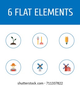 Flat Icons Grower, Rake, Sprout And Other Vector Elements. Set Of Agricultural Flat Icons Symbols Also Includes Shovel, Barn, Farm Objects.