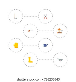 Flat Icons Grower, Rubber Boots, Wheelbarrow And Other Vector Elements. Set Of Agriculture Flat Icons Symbols Also Includes Hand, Tool, Fruiter Objects.