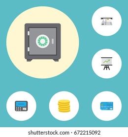 Flat Icons Growing Chart, Atm, Teller Machine And Other Vector Elements. Set Of Banking Flat Icons Symbols Also Includes Strongbox, Card, Secure Objects.