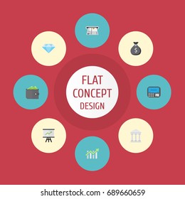 Flat Icons Growing Chart, Bank, Atm And Other Vector Elements. Set Of Finance Flat Icons Symbols Also Includes Jewel, Growing, Building Objects.