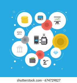 Flat Icons Growing Chart, Small Change, Teller Machine And Other Vector Elements. Set Of Banking Flat Icons Symbols Also Includes Chart, Coins, Verdict Objects.