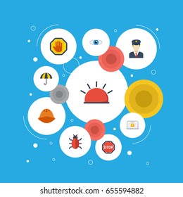 Flat Icons Guy, Vision, Virus And Other Vector Elements. Set Of Safety Flat Icons Symbols Also Includes Look, Siren, Security Objects.