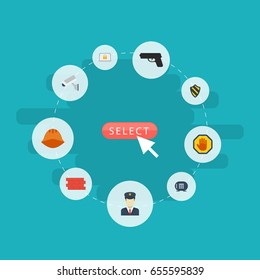 Flat Icons Guy, Worker, Lock And Other Vector Elements. Set Of Security Flat Icons Symbols Also Includes Wall, Guy, Hand Objects.