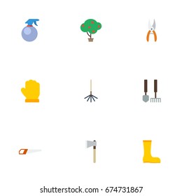 Flat Icons Hacksaw, Rake, Pruner And Other Vector Elements. Set Of Agriculture Flat Icons Symbols Also Includes Fruit, Garden, Berries Objects.
