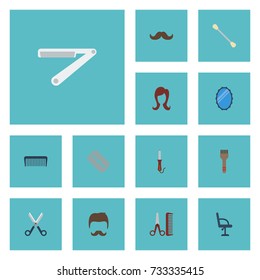 Flat Icons Hairstylist, Bristle, Female And Other Vector Elements. Set Of Barber Flat Icons Symbols Also Includes Moustache, Glass, Comb Objects.