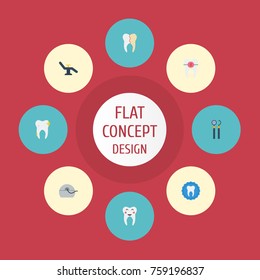 Flat Icons Halitosis, Cleaned, Tooth Seal And Other Vector Elements. Set Of Enamel Flat Icons Symbols Also Includes Floss, Seal, Cleaned Objects.