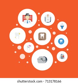 Flat Icons Halitosis, Equipment, Decay And Other Vector Elements. Set Of Dental Flat Icons Symbols Also Includes Seal, Caries, X-Ray Objects.