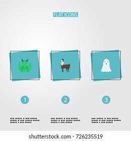 Flat Icons Halloween, Mythology, Dinosaur And Other Vector Elements. Set Of Fantasy Flat Icons Symbols Also Includes Horse, Centaur, Character Objects.