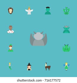 Flat Icons Halo, Dinosaur, Evil And Other Vector Elements. Set Of Fantasy Flat Icons Symbols Also Includes Elf, Girl, Halloween Objects.