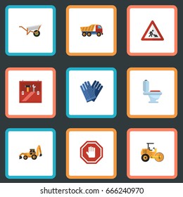 Flat Icons Handcart, Van, Toolkit Vector Elements. Set Of Industry Flat Icons Symbols Also Includes Loader, Work, Wc Objects.