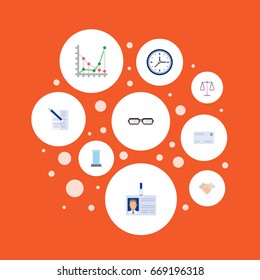 Flat Icons Handshake, Clock, Contract Vector Elements. Set Of Trade Flat Icons Symbols Also Includes Letter, Spectacles, Envelope Objects.