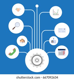 Flat Icons Handshake, Diagram, Cogwheel Vector Elements. Set Of Job Flat Icons Symbols Also Includes Telephone, Id, Search Objects.