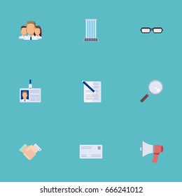 Flat Icons Handshake, Group, Id Card Vector Elements. Set Of Job Flat Icons Symbols Also Includes Zoom, Loudspeaker, Letter Objects.