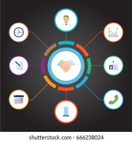 Flat Icons Handshake, Id Card, Contract Vector Elements. Set Of Trade Flat Icons Symbols Also Includes Business, Contract, Id Objects.