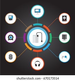 Flat Icons Hard Disk, Laptop, Storage Device And Other Vector Elements. Set Of Computer Flat Icons Symbols Also Includes Drive, Datacenter, Computer Objects.