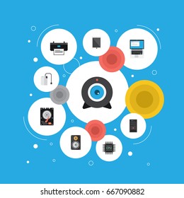 Flat Icons Hard Disk, Microprocessor, Palmtop And Other Vector Elements. Set Of Laptop Flat Icons Symbols Also Includes Phone, Storage, Tablet Objects.