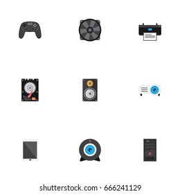 Flat Icons Hard Disk, Presentation, Controller And Other Vector Elements. Set Of Computer Flat Icons Symbols Also Includes Phone, Broadcast, Printing Objects.