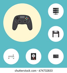 Flat Icons Hard Disk, Router, Controller And Other Vector Elements. Set Of PC Flat Icons Symbols Also Includes Server, Router, Joystick Objects.