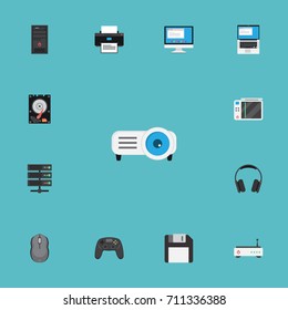 Flat Icons Hard Disk, Router, Slot Machine And Other Vector Elements. Set Of PC Flat Icons Symbols Also Includes Joystick, Processor, Computer Objects.