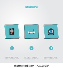 Flat Icons Hard Disk, Router, Web Cam And Other Vector Elements. Set Of Computer Flat Icons Symbols Also Includes Modem, Hard, Broadcast Objects.