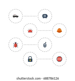 Flat Icons Hardhat, Armored Car, Safe And Other Vector Elements. Set Of Safety Flat Icons Symbols Also Includes Safe, Gloves, Siren Objects.