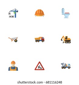 Flat Icons Hardhat, Cement Blender, Worker And Other Vector Elements. Set Of Construction Flat Icons Symbols Also Includes Excavator, Pushcart, Caution Objects.