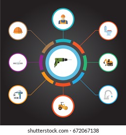 Flat Icons Hardhat, Electric Screwdriver, Restroom And Other Vector Elements. Set Of Industry Flat Icons Symbols Also Includes Electric, Screwdriver, Tower Objects.