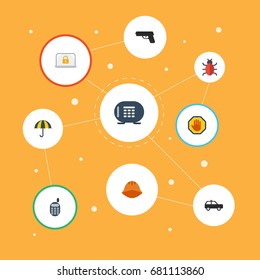 Flat Icons Hardhat, Gun, Safe And Other Vector Elements. Set Of Safety Flat Icons Symbols Also Includes Forbidden, Security, Gun Objects.
