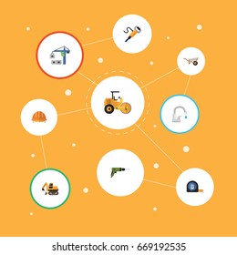 Flat Icons Hardhat, Handcart, Tractor Vector Elements. Set Of Industry Flat Icons Symbols Also Includes Road, Drill, Electric Objects.