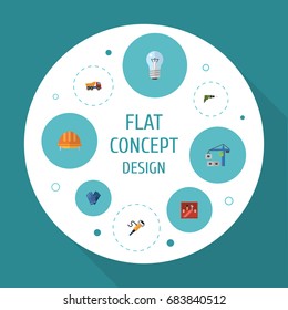 Flat Icons Hardhat, Hoisting Machine, Toolkit And Other Vector Elements. Set Of Industry Flat Icons Symbols Also Includes Light, Gloves, Screwdriver Objects.