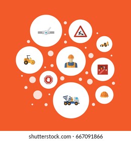 Flat Icons Hardhat, Worker, Stop Sign And Other Vector Elements. Set Of Industry Flat Icons Symbols Also Includes Toolbox, Hand, Pipeline Objects.