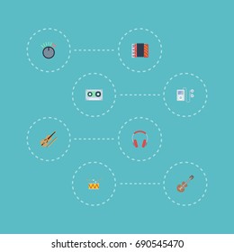 Flat Icons Harmonica, Acoustic, Fiddle And Other Vector Elements. Set Of Music Flat Icons Symbols Also Includes Player, Orchestra, Harmonica Objects.