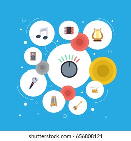 Flat Icons Harmonica, Lyre, Tambourine And Other Vector Elements. Set Of Melody Flat Icons Symbols Also Includes Accordion, Rhythm, Drum Objects.