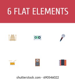 Flat Icons Harmonica, Tambourine, Audio Box And Other Vector Elements. Set Of Melody Flat Icons Symbols Also Includes Instrument, Speaker, Studio Objects.
