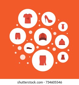 Flat Icons Hat, Pompom, Sundress And Other Vector Elements. Set Of Clothes Flat Icons Symbols Also Includes Fashionable, Skirt, Hat Objects.