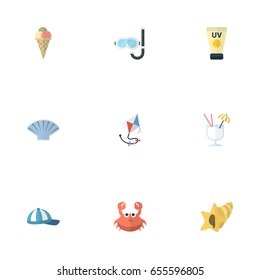 Flat Icons Hat, Sorbet, Shell And Other Vector Elements. Set Of Season Flat Icons Symbols Also Includes Hat, Cap, Cancer Objects.