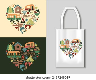 Flat icons in the heart shape on the theme of camping and outdoor recreation. Camping concept with tote bag mockup. Vector Illustration