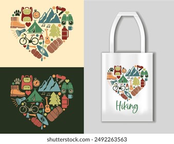 Iconos planos en forma de corazón sobre el tema de senderismo y Ocio al aire libre. Concepto de senderismo con bolsa de asasIlustración vectorial