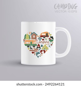 Iconos planos en forma de corazón sobre el tema de camping y Ocio al aire libre. Concepto de camping con maqueta de taza. Ilustración vectorial