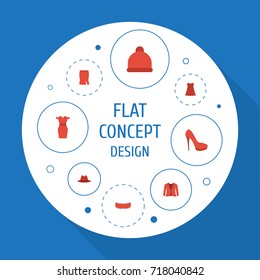 Flat Icons Heeled Shoe, Sundress, Fedora And Other Vector Elements. Set Of Garment Flat Icons Symbols Also Includes Fashionable, Underwear, Heeled Objects.