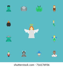 Flat Icons Hell, Evil, Avatar And Other Vector Elements. Set Of Character Flat Icons Symbols Also Includes Dwarf, Wizard, Orc Objects.