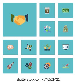 Flat Icons Help, Rocket, Agreement And Other Vector Elements. Set Of Projects Flat Icons Symbols Also Includes Gear, Design, Development Objects.