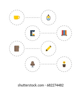 Flat Icons Highlighter, Espresso Machine, Identification And Other Vector Elements. Set Of Workspace Flat Icons Symbols Also Includes Chair, Address, Badge Objects.