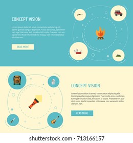 Flat Icons Hill, Cigarette, Fire And Other Vector Elements. Set Of Camping Flat Icons Symbols Also Includes Penknife, Lighter, Car Objects.