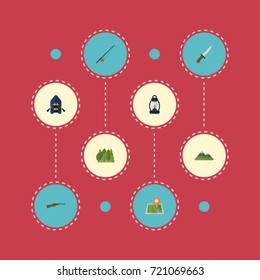 Flat Icons Hill, Hunting Cutter, Weapon And Other Vector Elements. Set Of Encampment Flat Icons Symbols Also Includes Hunting, Boat, Fishing Objects.