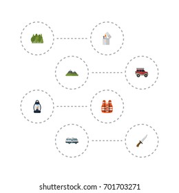 Flat Icons Hill, Kerosene, Caravan And Other Vector Elements. Set Of Camp Flat Icons Symbols Also Includes Life, Vest, Car Objects.